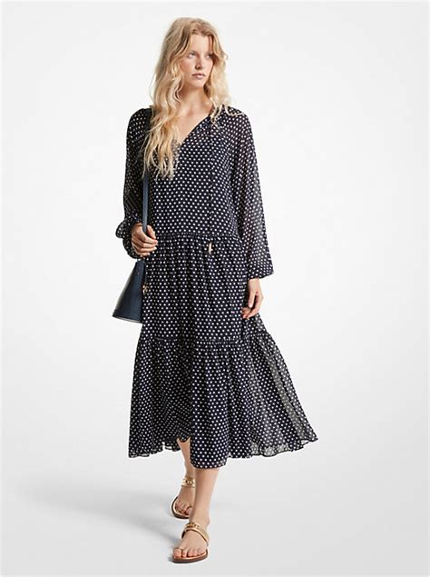 Polka Dot Georgette Tiered Midi Dress 